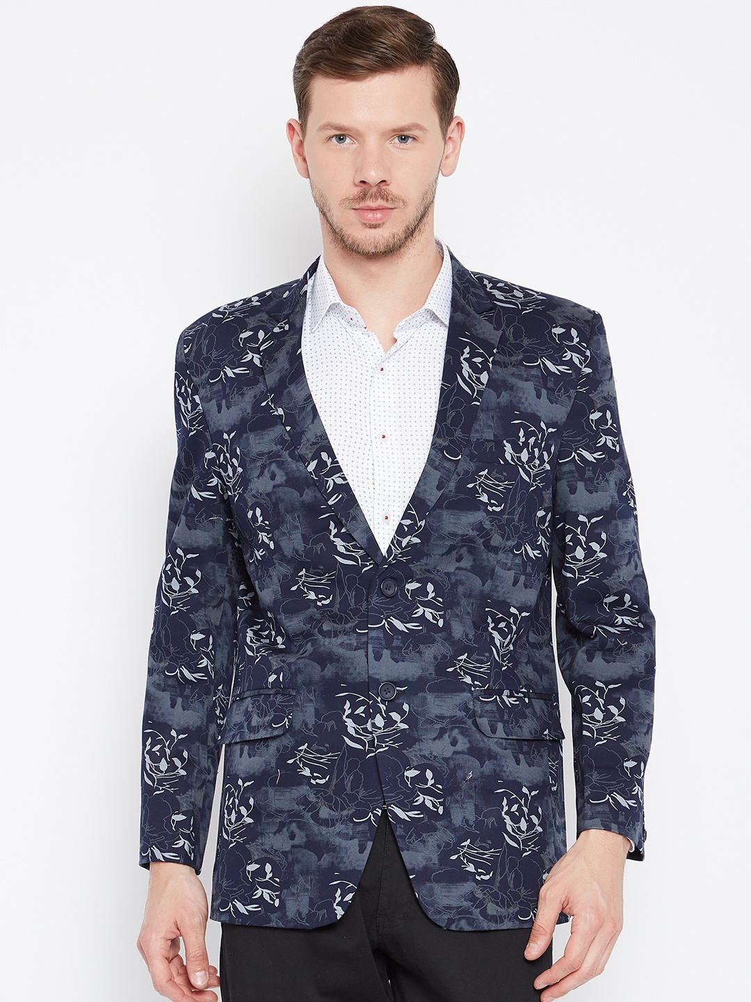 

Shaftesbury London Blue Printed Regular Fit Single-Breasted Blazer
