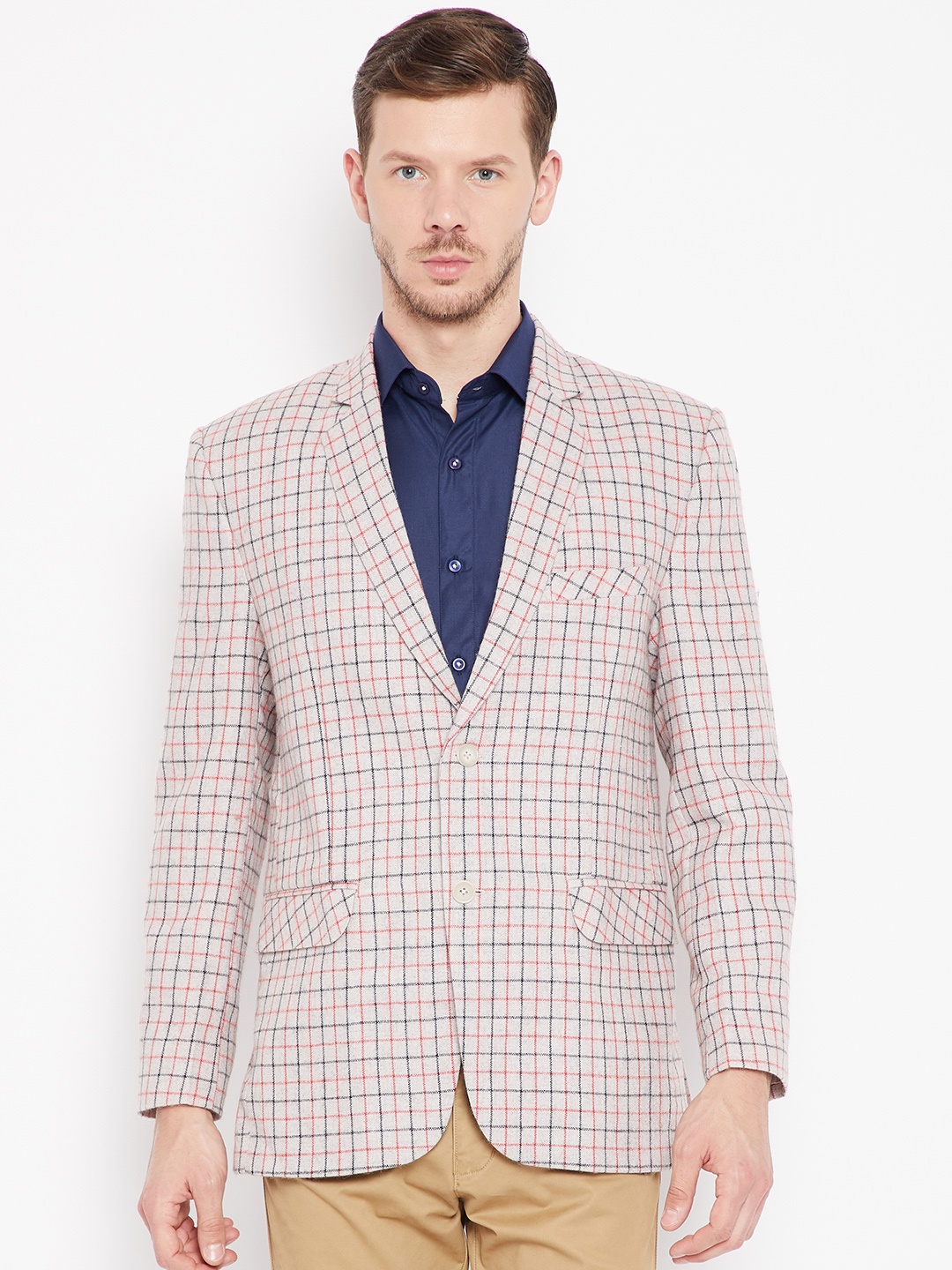 

Shaftesbury London Beige & Red Checked Regular Fit Single-Breasted Formal Blazer