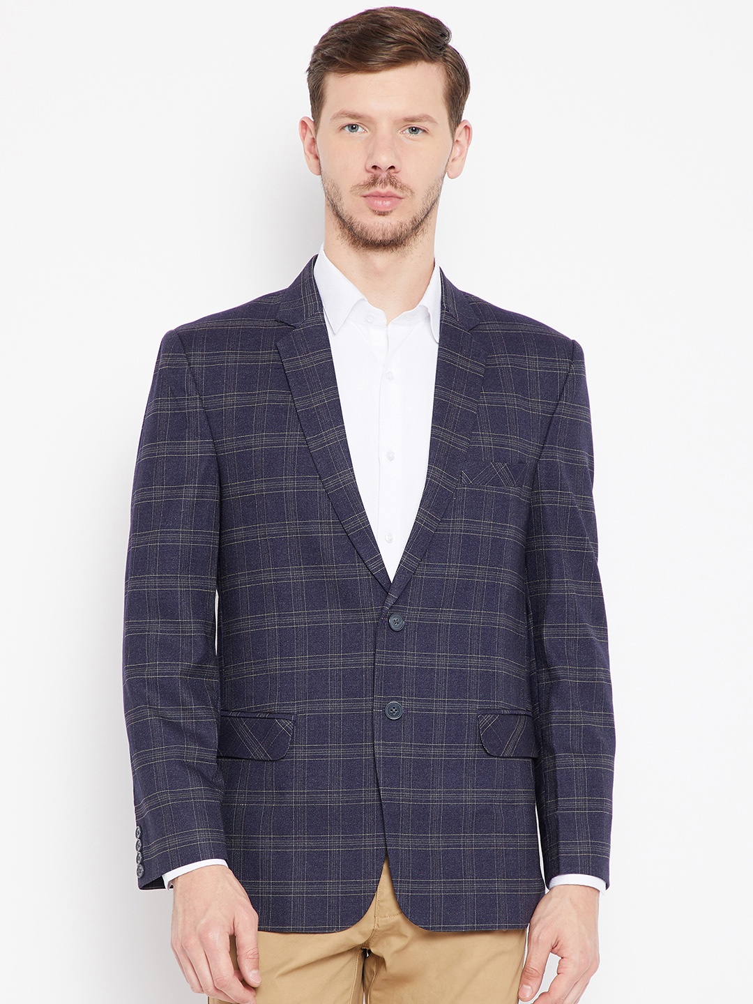 

Shaftesbury London Navy Blue Checked Regular Fit Semiformal Blazer