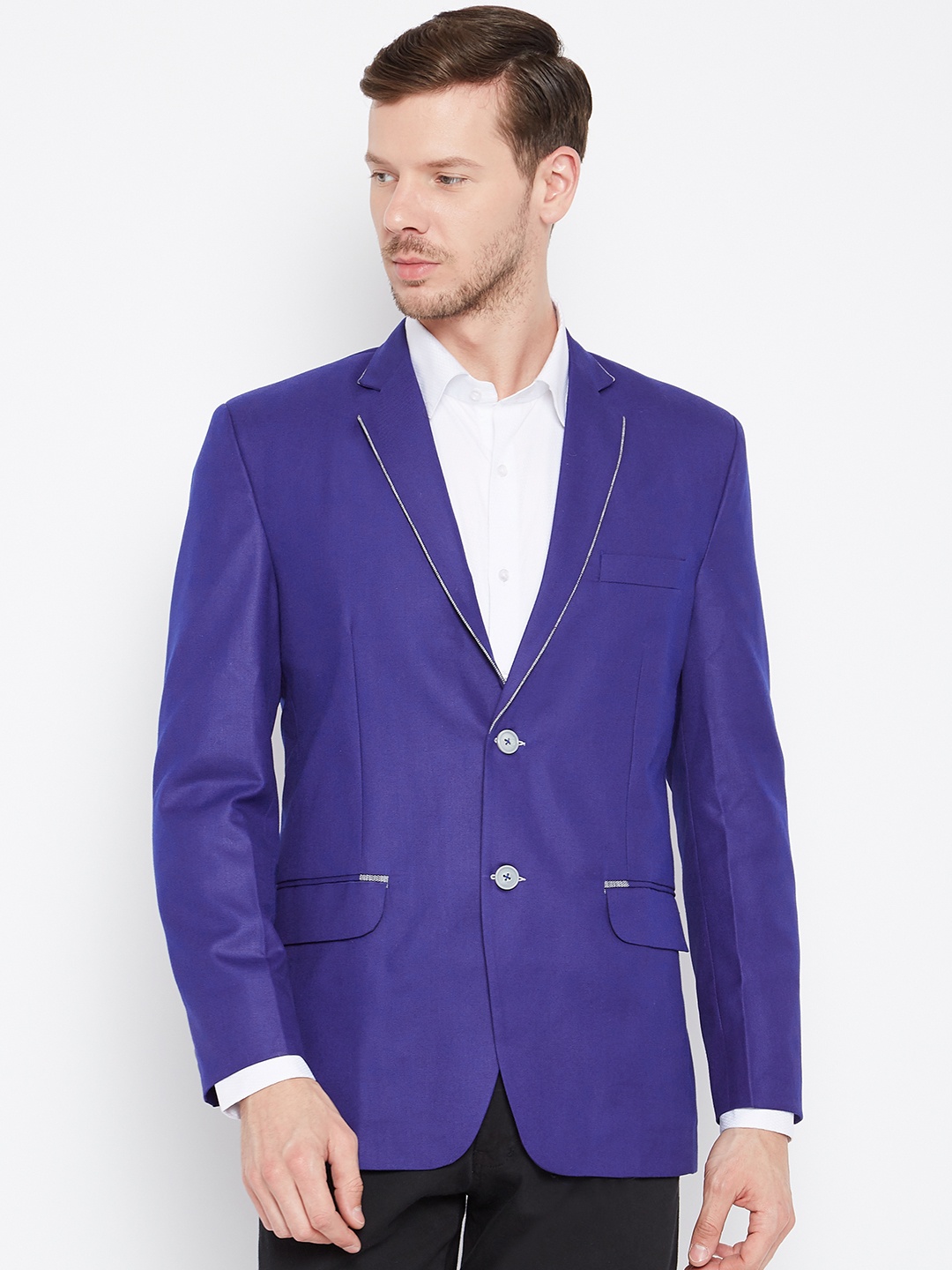 

Shaftesbury London Blue Solid Single-Breasted Formal Blazer