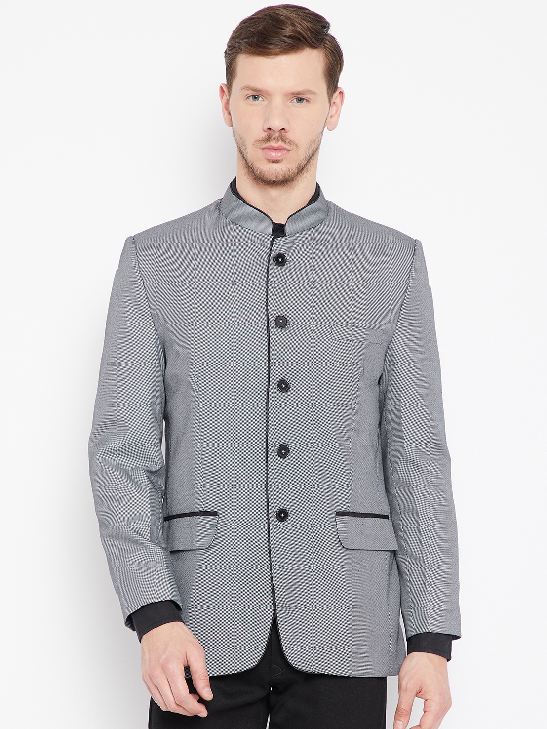 

Shaftesbury London Men Grey Single-Breasted Regular Fit Ethnic Bandhgala Blazer