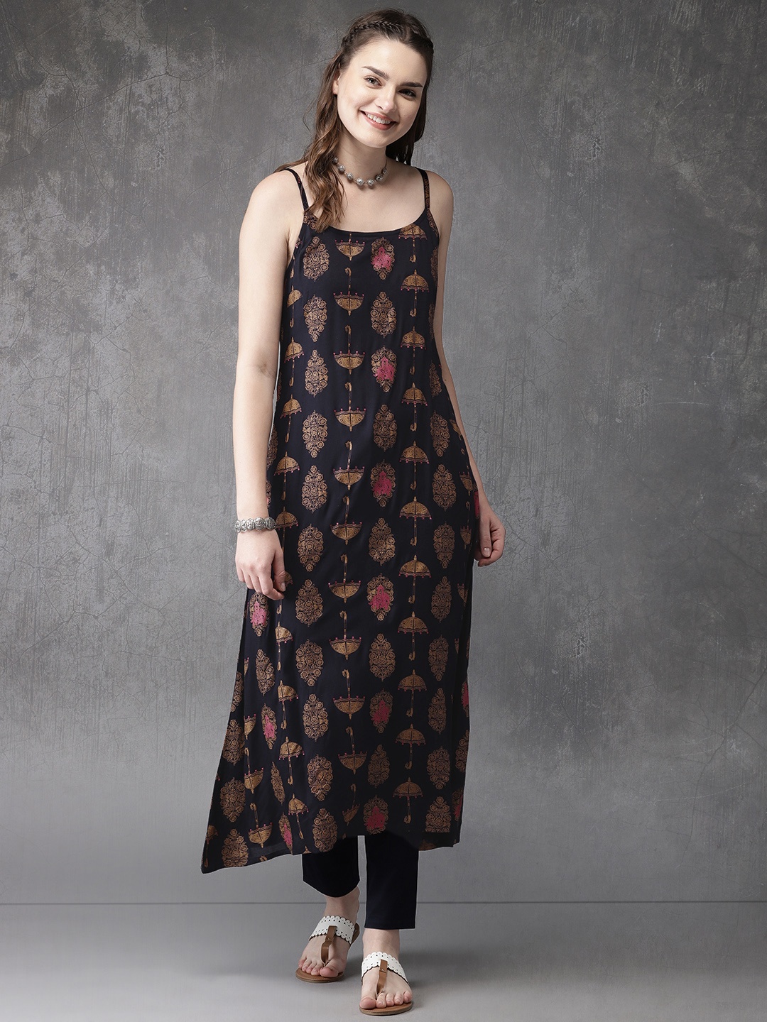 

Anouk Women Navy Blue & Yellow Printed A-Line Kurta