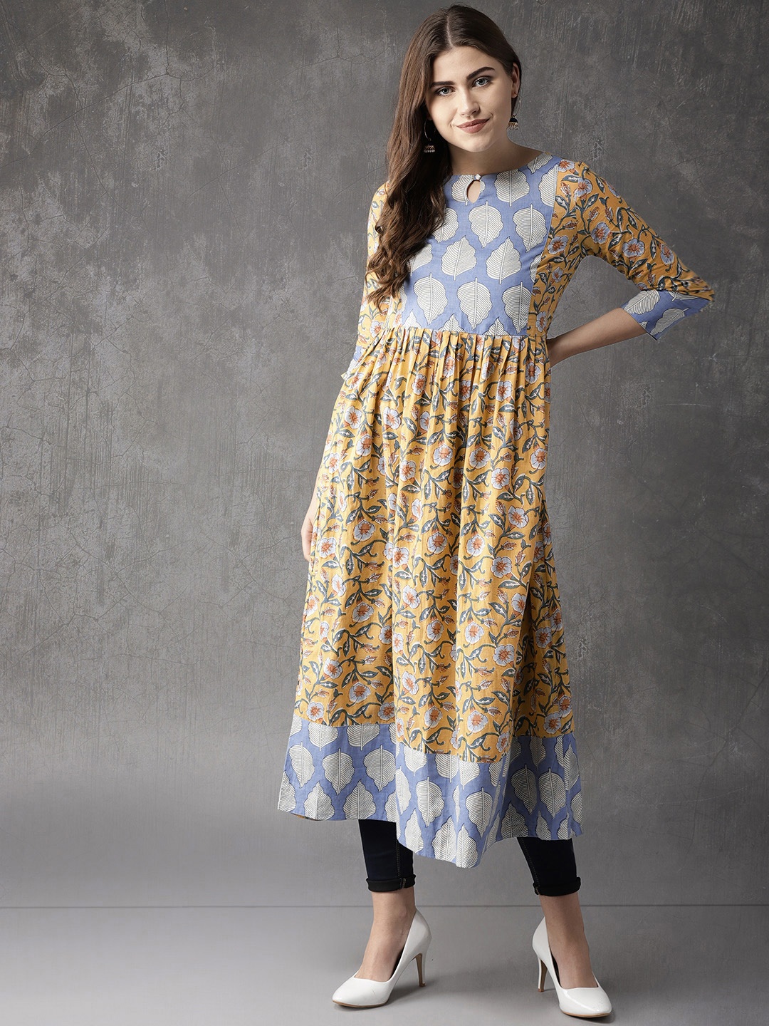 

Anouk Women Yellow & Blue Printed A-Line Kurta