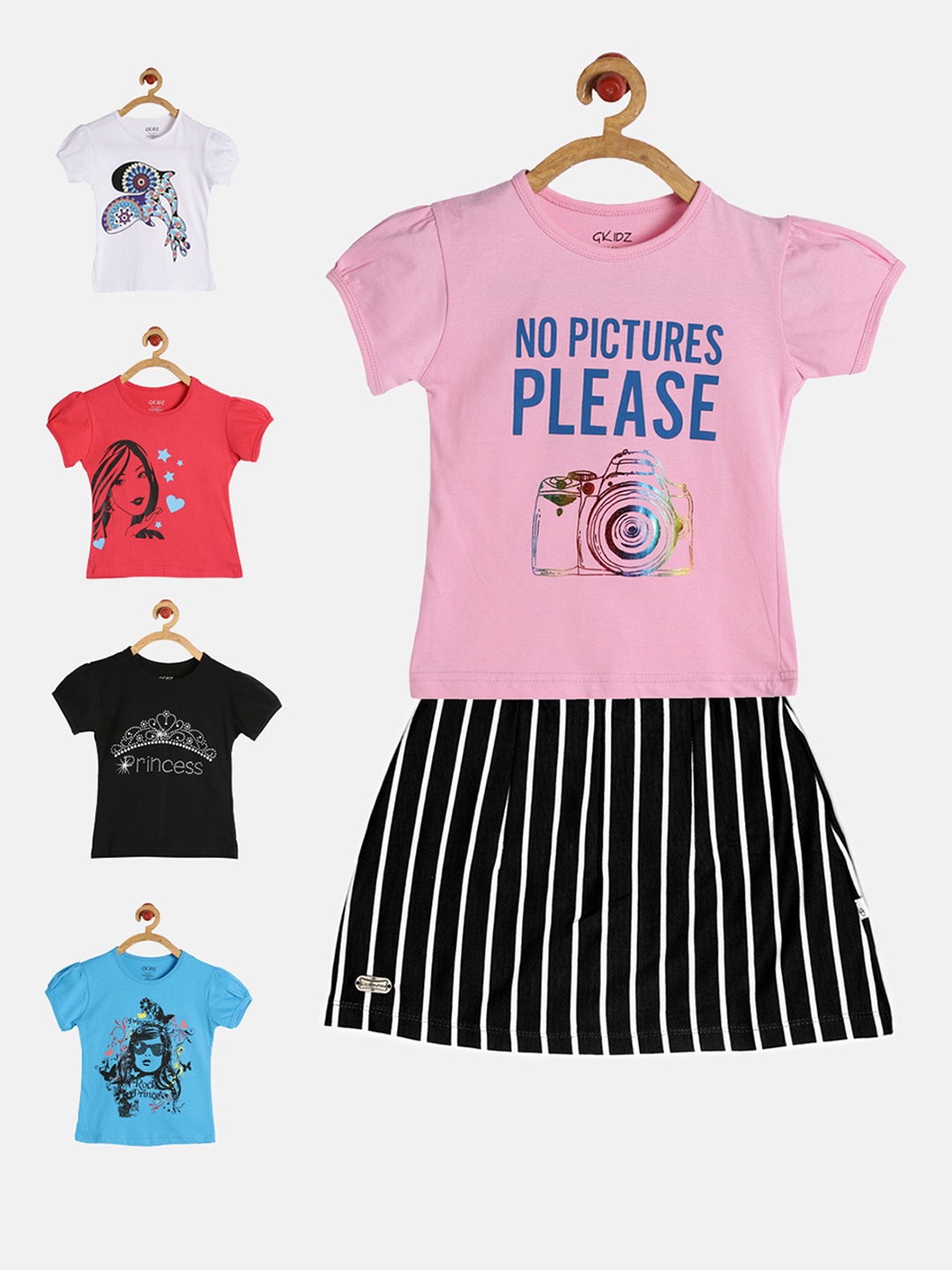 

GKIDZ Girls Pack of 5 Printed T-Shirts & Skirt, Pink