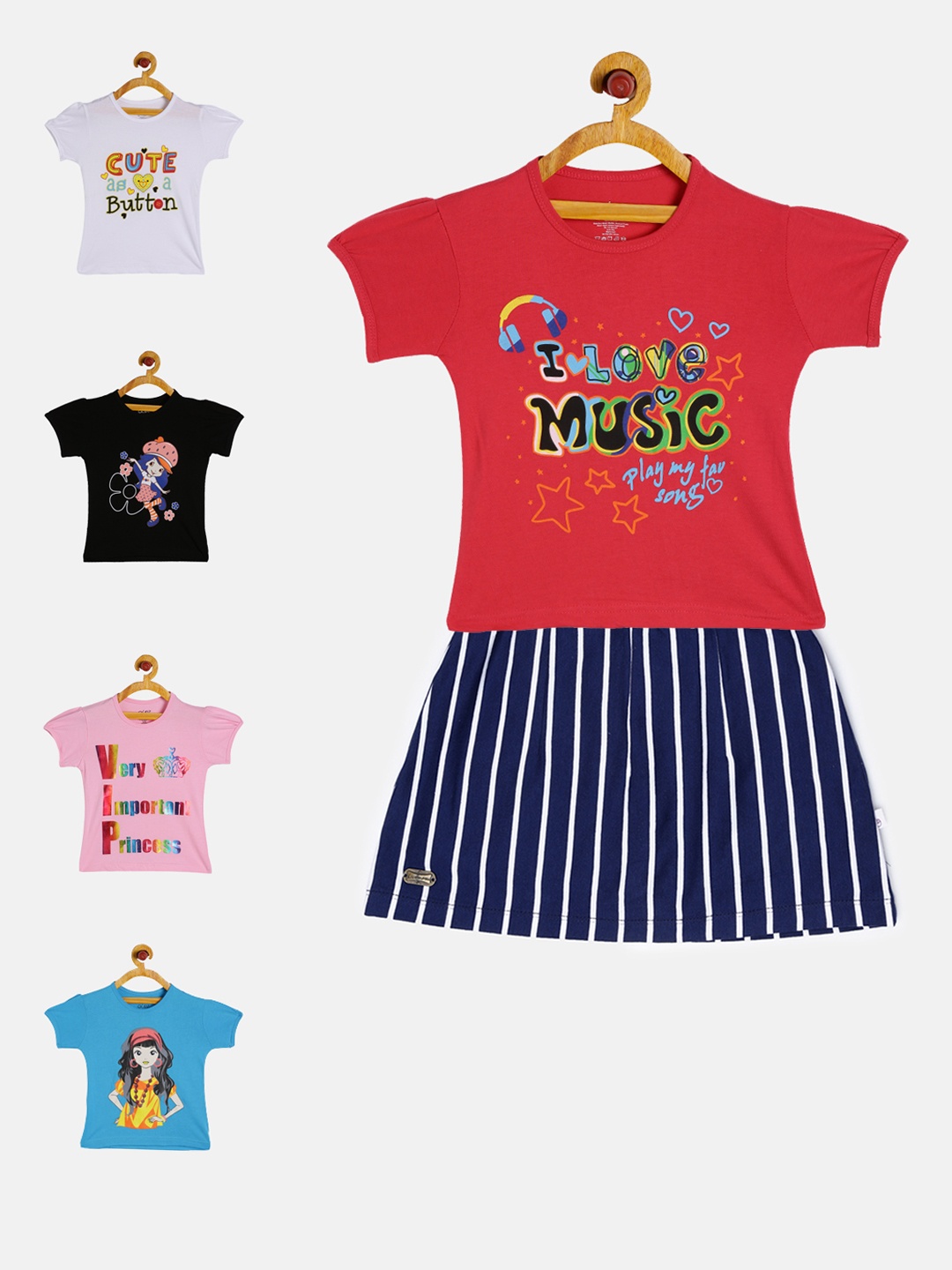 

GKIDZ Girls Pack of 5 Printed T-Shirts & Skirt, Pink