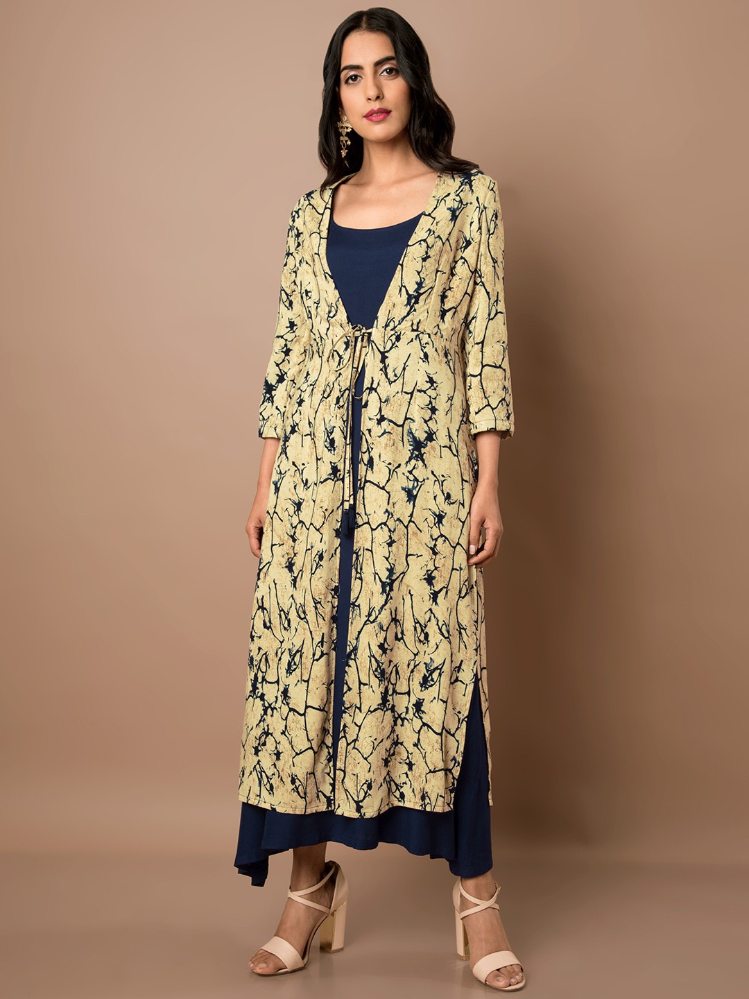 

INDYA Women Beige & Navy Blue Printed Maxi Dress with Shrug