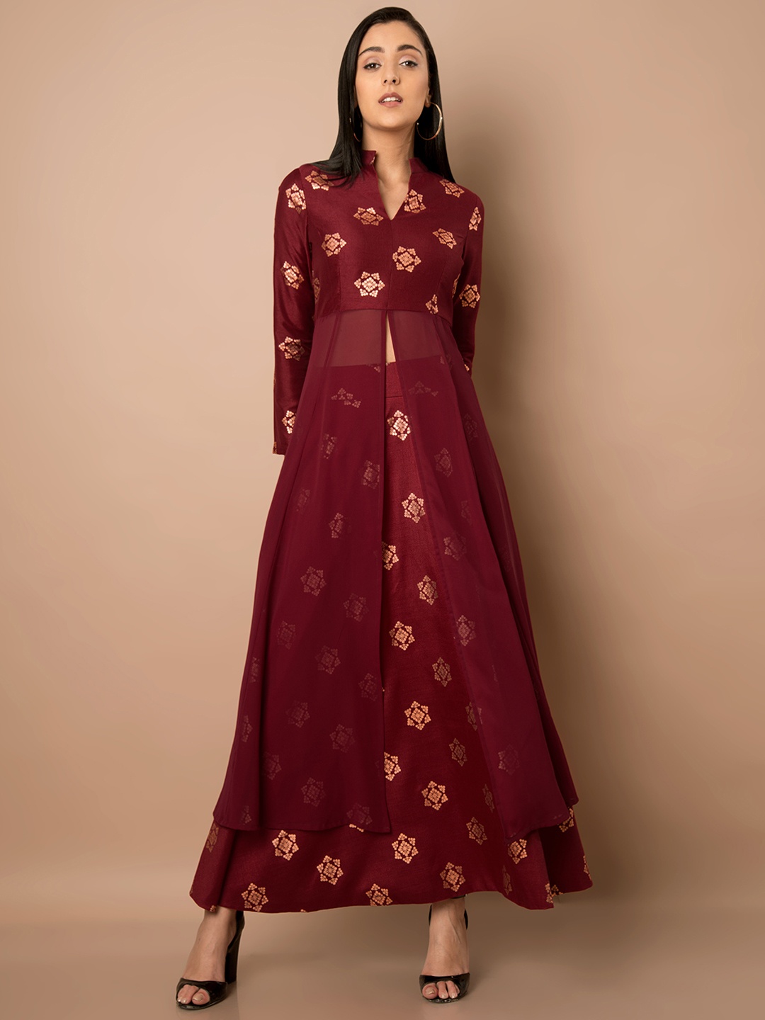 

INDYA Women Maroon Foil Print A-Line Kurta