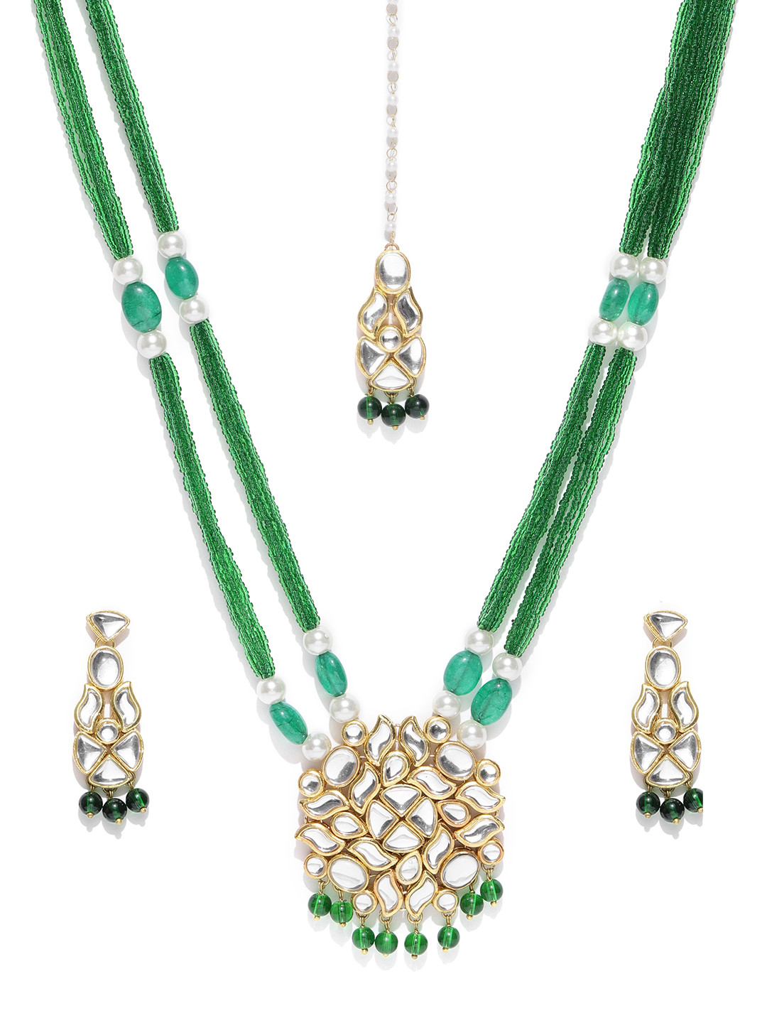 

KARATCART Green Gold-Plated Kundan-Studded Handcrafted Jewellery Set