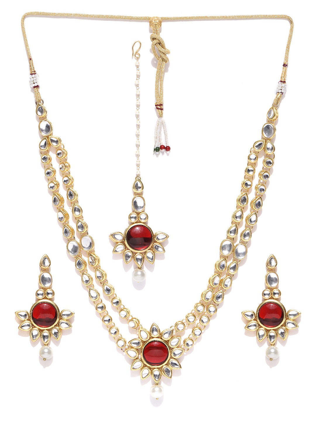 

KARATCART Maroon & Off-White Gold-Plated Kundan-Studded Handcrafted Jewellery Set