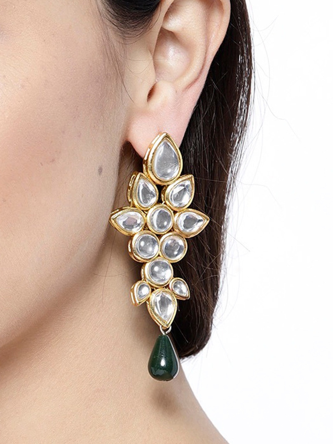 

KARATCART Green Gold-Plated Handcrafted Floral Drop Earrings