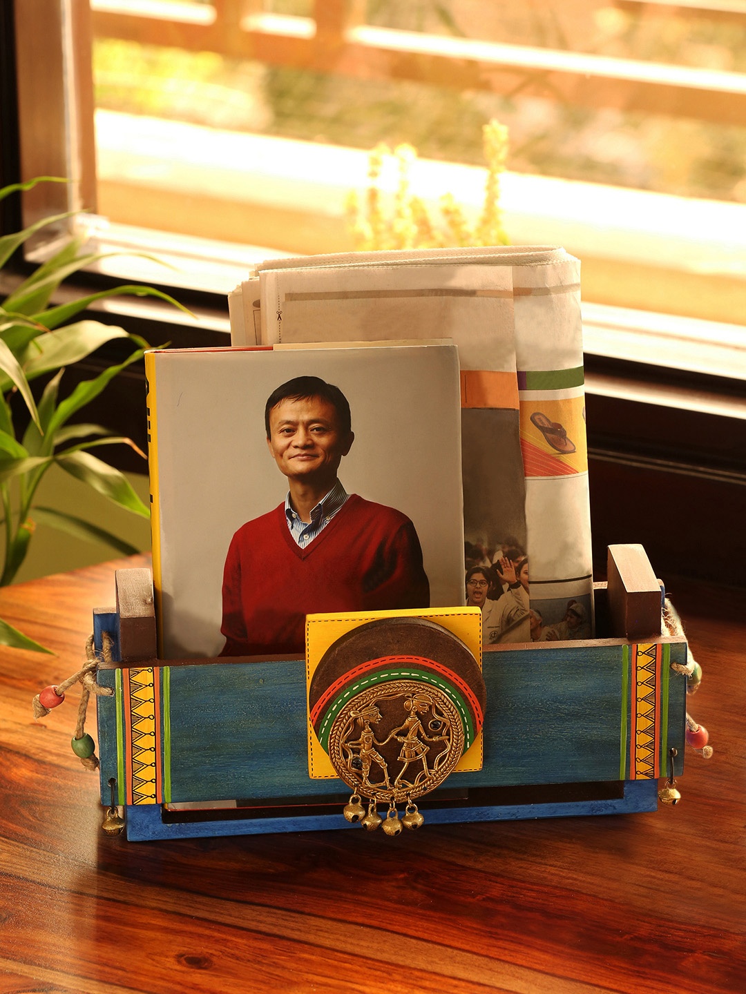

ExclusiveLane Turquoise Blue Dhokra Art Wooden Newspaper Holder Cum Magazine Organiser