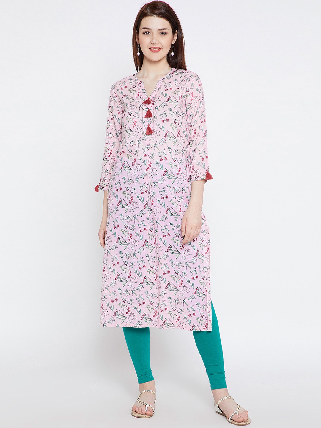 

Tissu Women Pink & Green Printed Straight Kurta