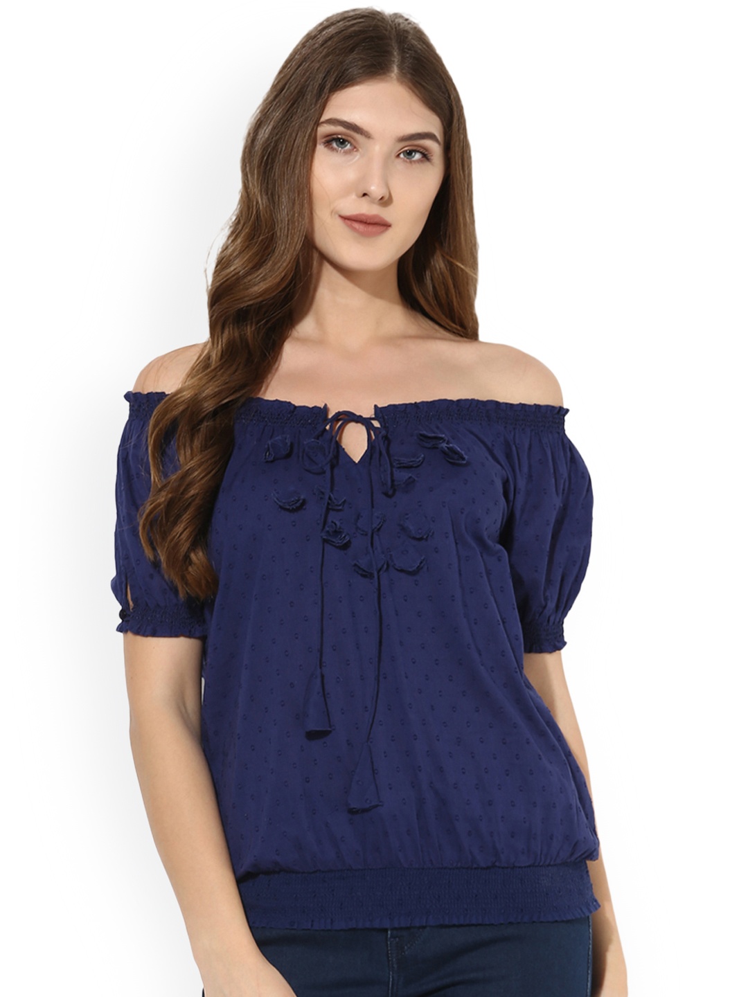 

LOVE GEN Navy Blue Self Design Blouson Pure Cotton Top