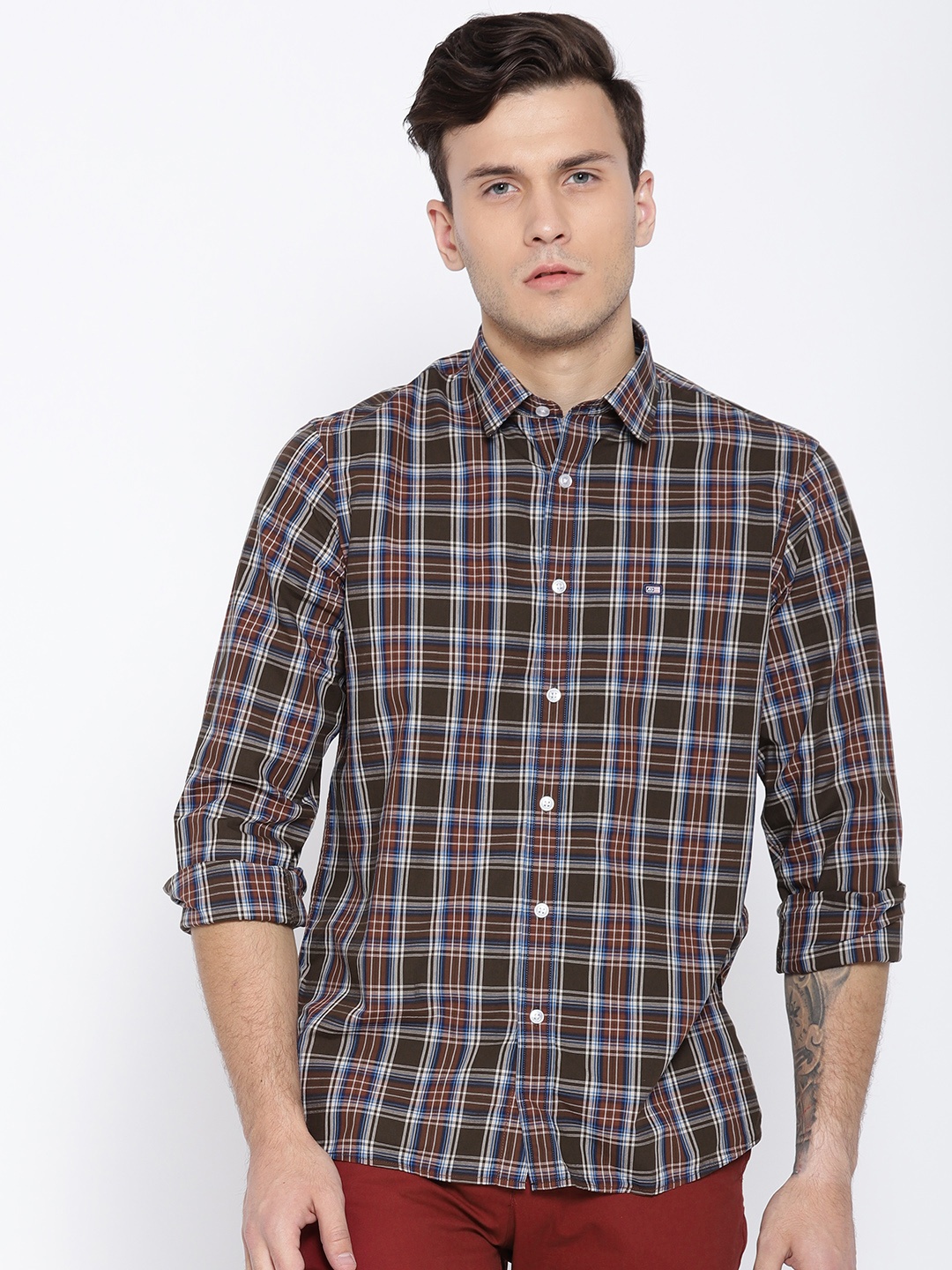 

Arrow Sport Men Coffee Brown & Off-White Slim Fit Checked Casual Shirt