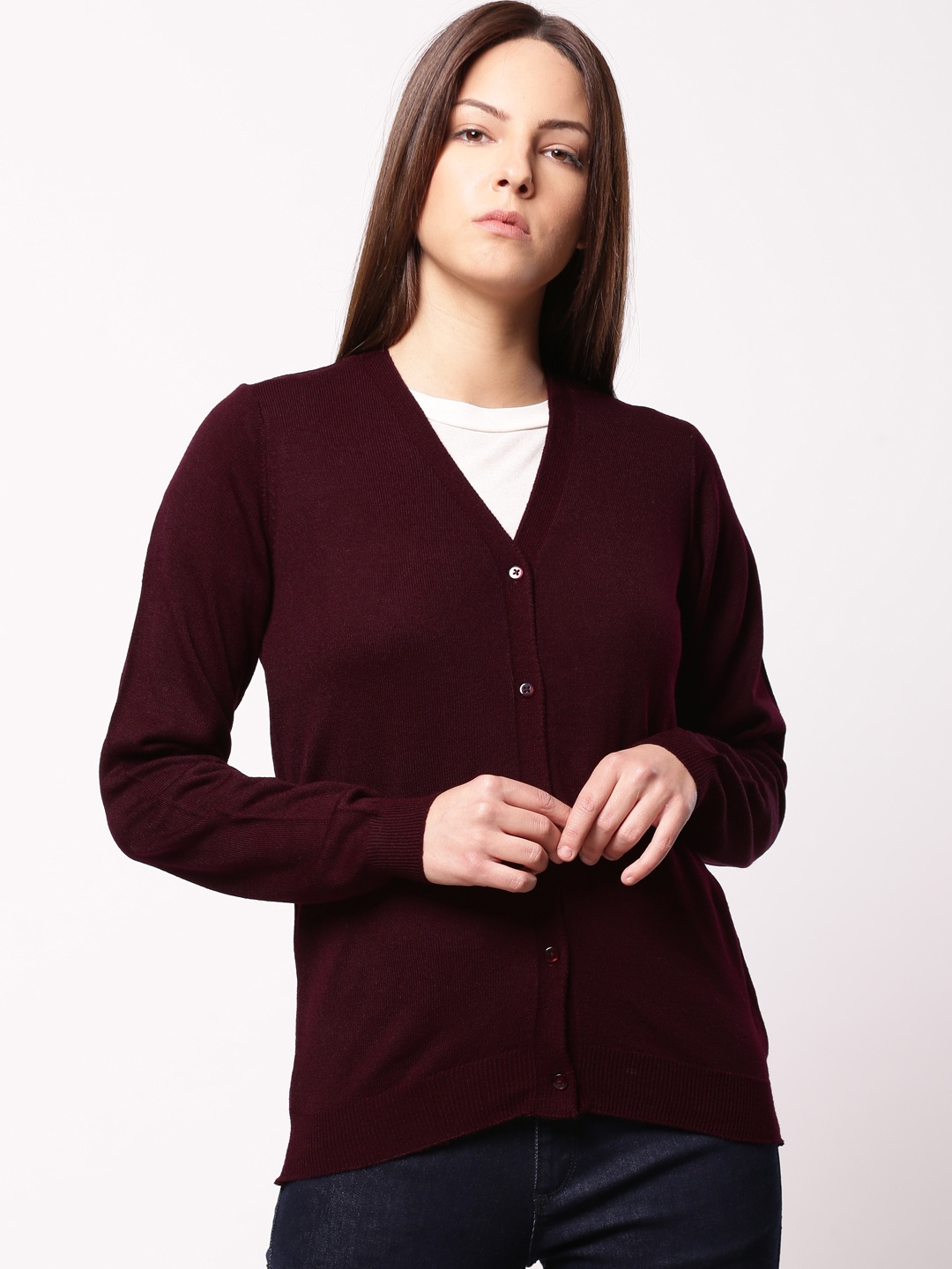 

ether Women Burgundy Solid Cardigan