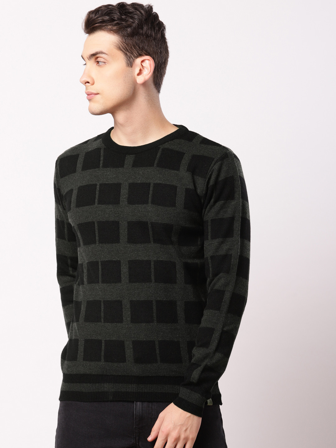 

ether Men Black & Grey Self Design Pullover