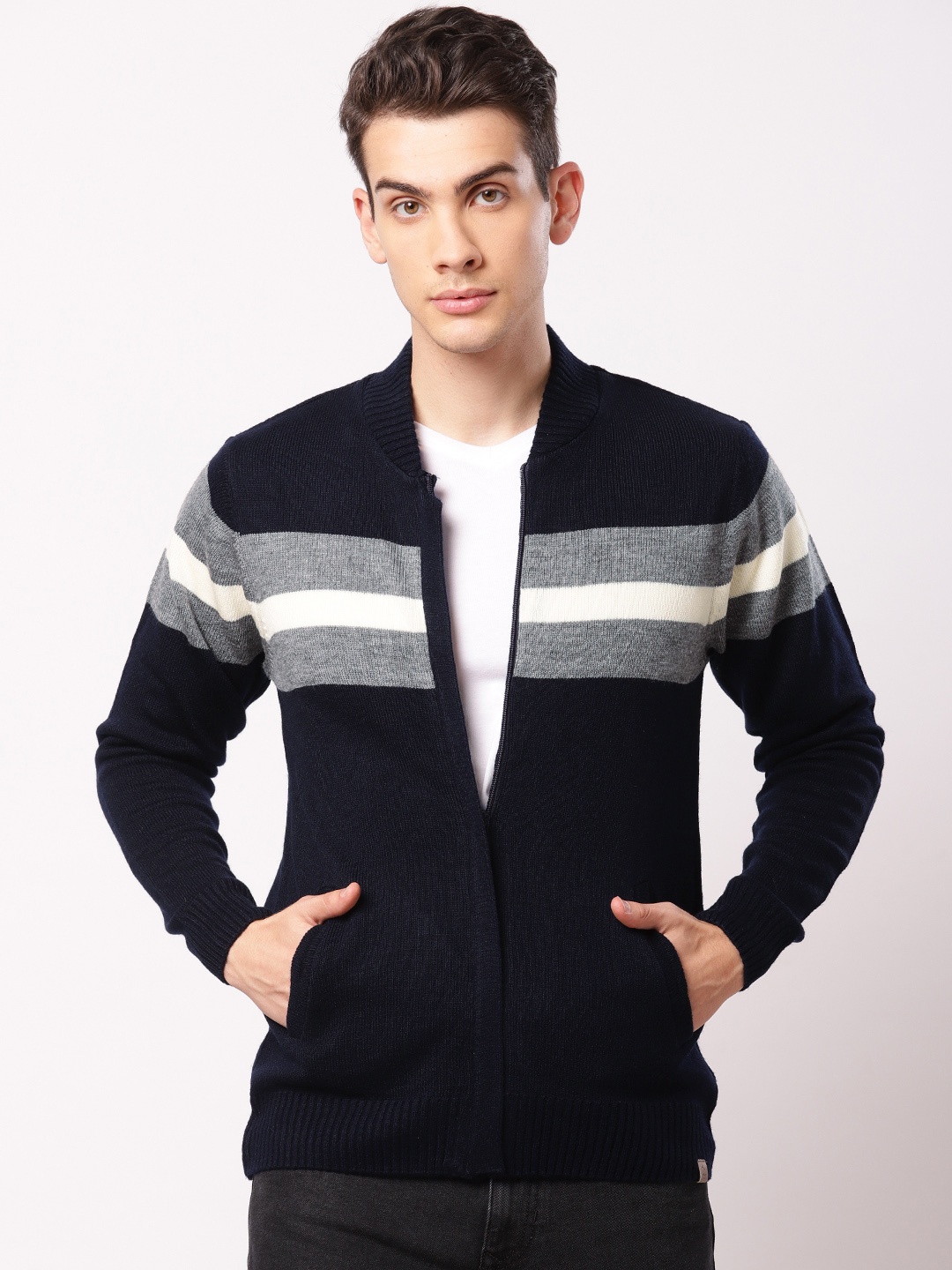 

ether Men Navy Blue & Grey Colourblocked Cardigan