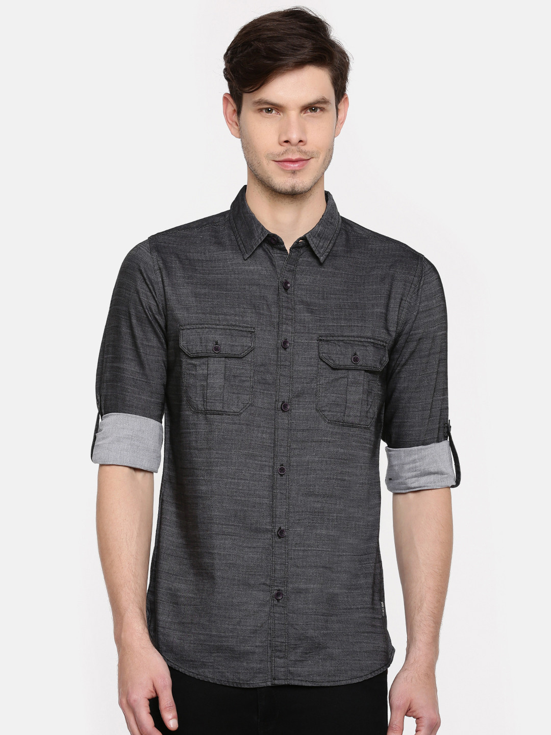 

SPYKAR Men Charcoal Grey Regular Fit Solid Casual Shirt