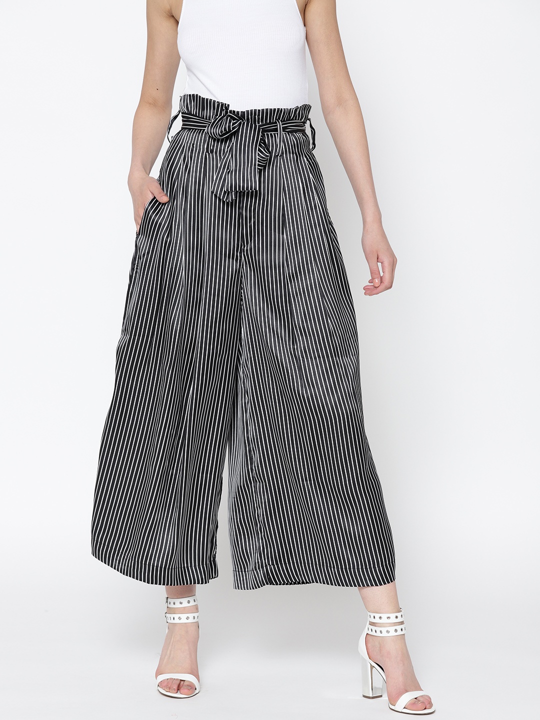 

Sera Women Black & Off-White Striped Flared Palazzos