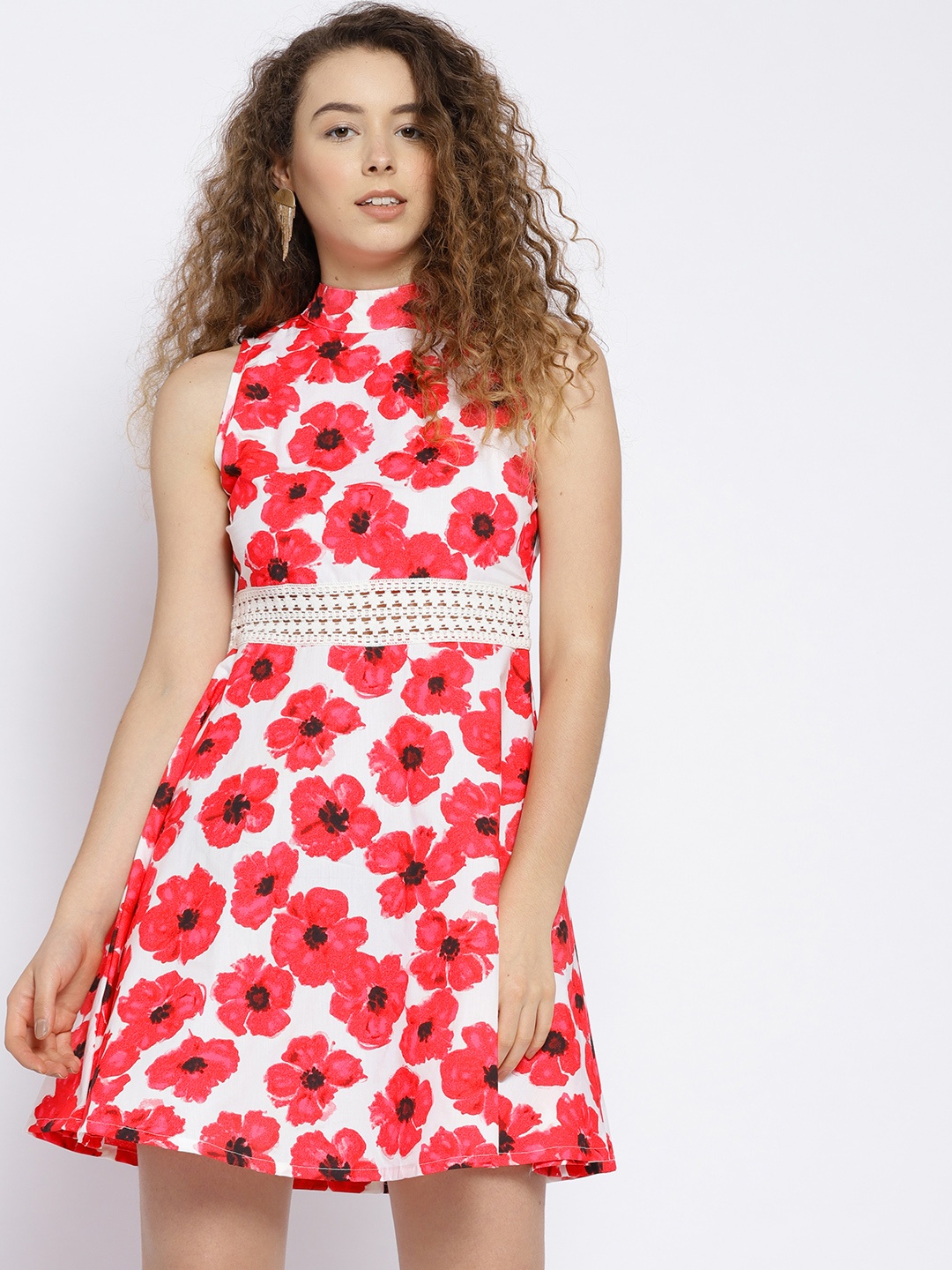 

Sera Women White & Pink Printed Fit and Flare Dress