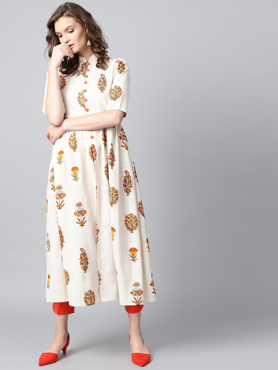 

GERUA Women Off-White & Orange Printed A-Line Kurta