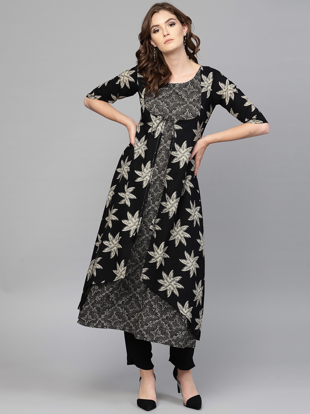 

GERUA Women Black & Beige Printed Layered A-Line Kurta