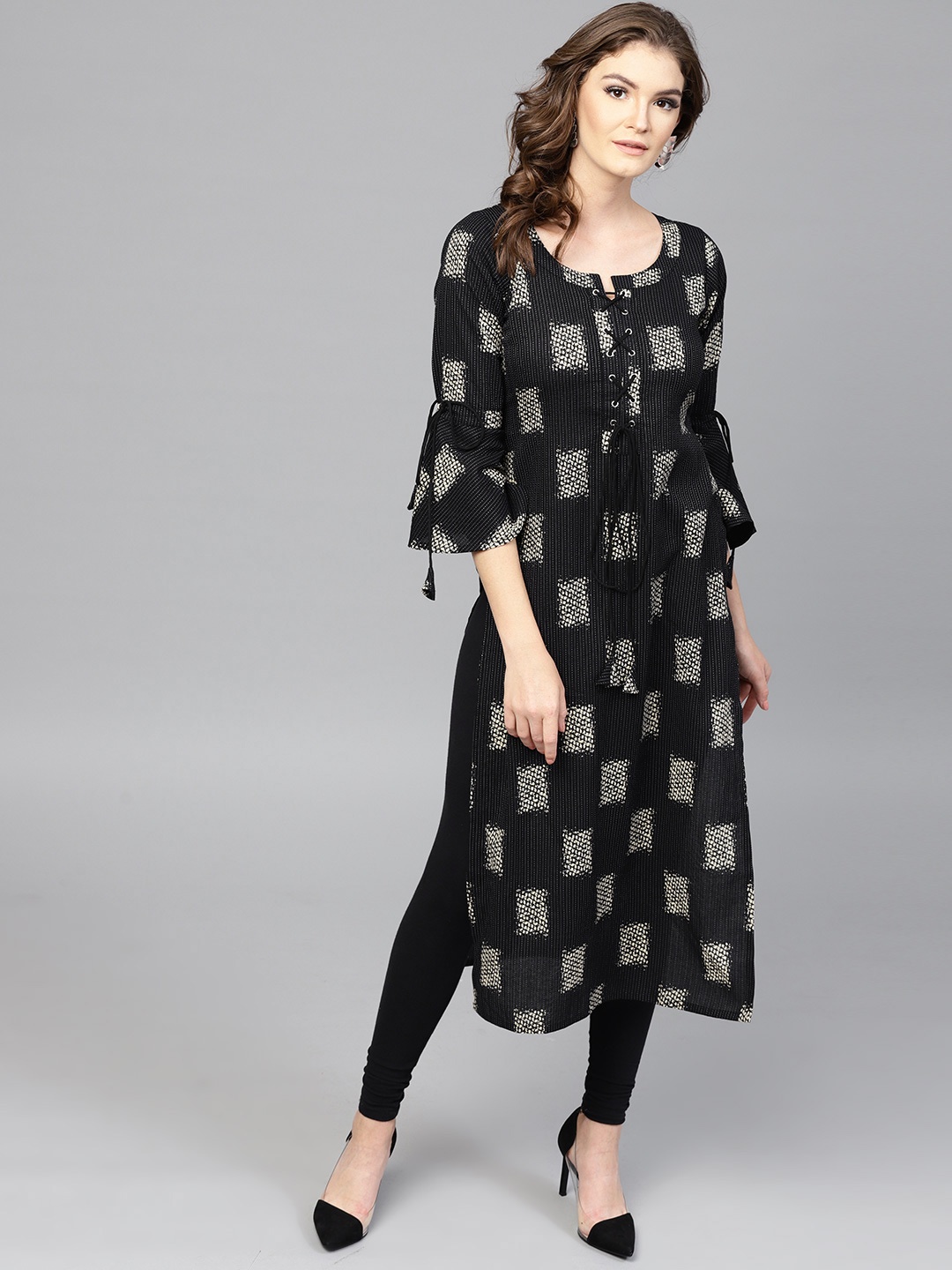 

GERUA Women Black & Beige Printed Straight Kurta