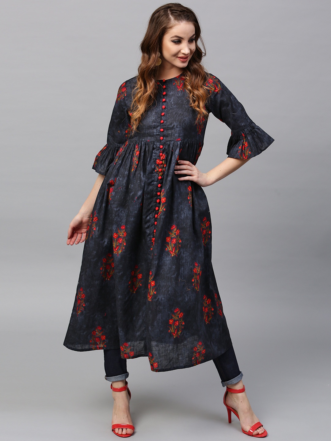 

GERUA Women Charcoal Grey & Red Printed A-Line Kurta