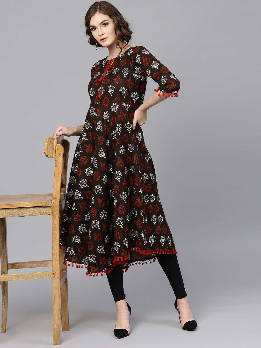 

GERUA Women Coffee Brown & Red Printed A-Line Kurta
