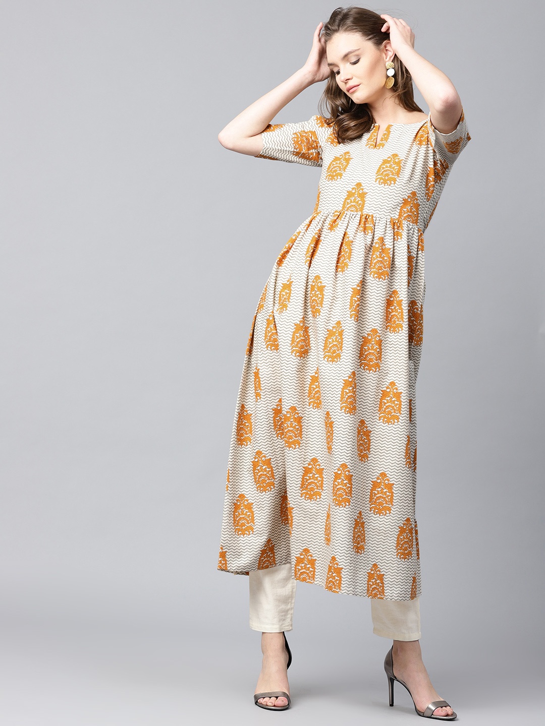 

Gerua By Libas Women Off-White Mustard Yellow Printed A-Line Kurta