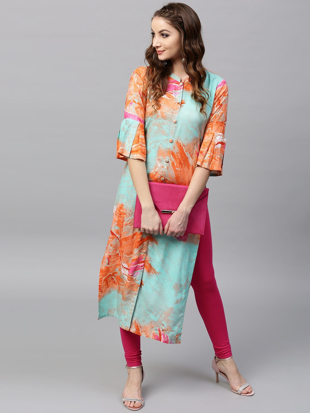 

GERUA Women Blue & Orange Printed Straight Kurta