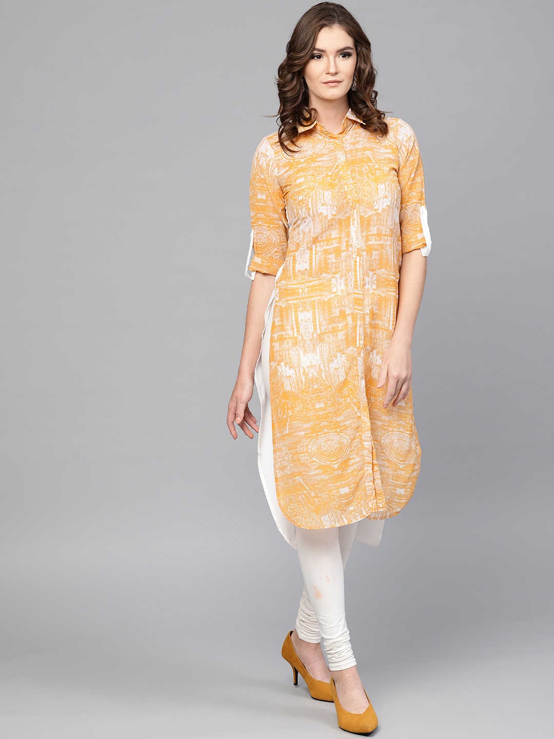 

GERUA Women Yellow & White Printed Pathani Kurta