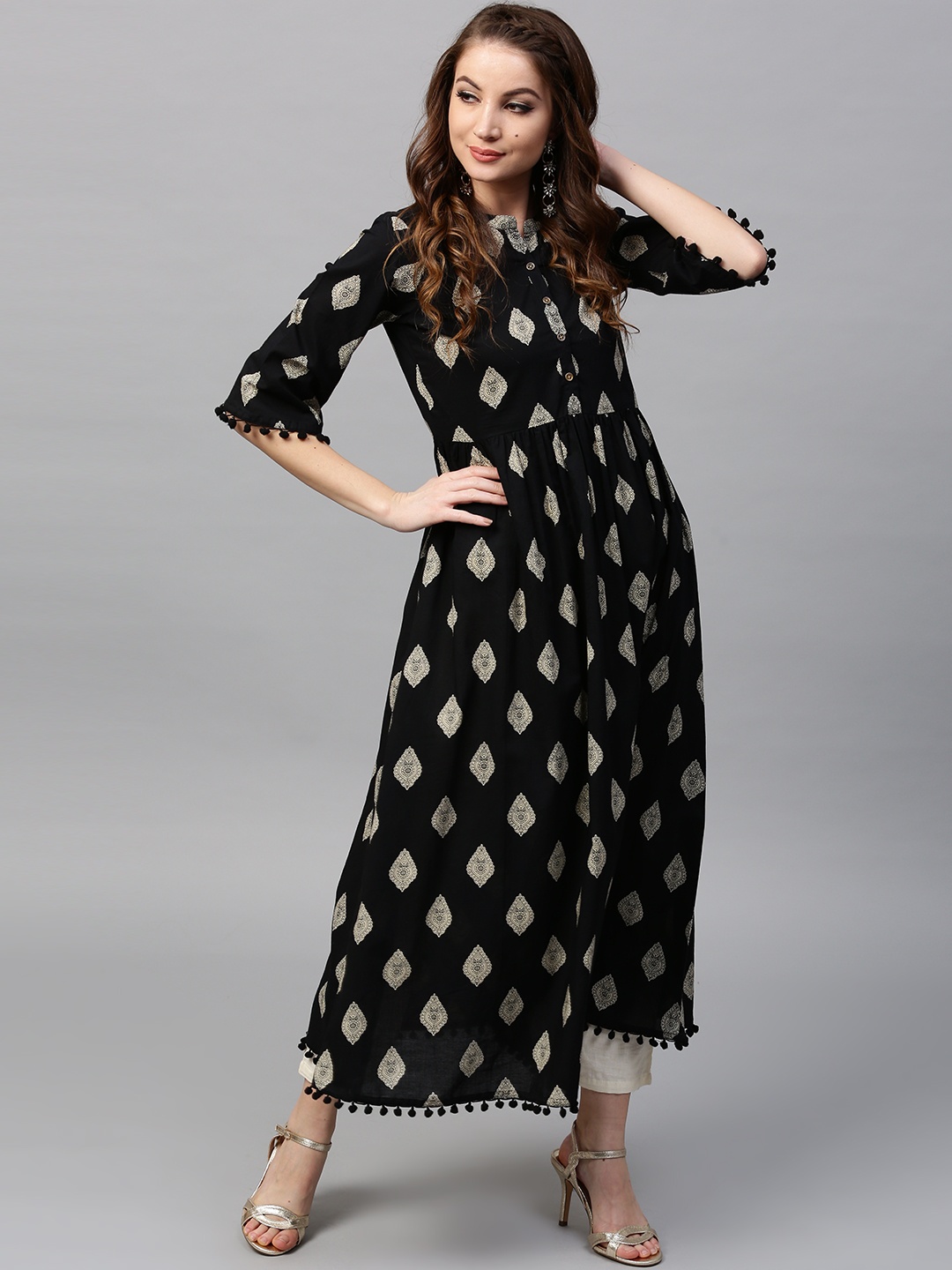 

GERUA Women Black & Beige Printed A-Line Kurta