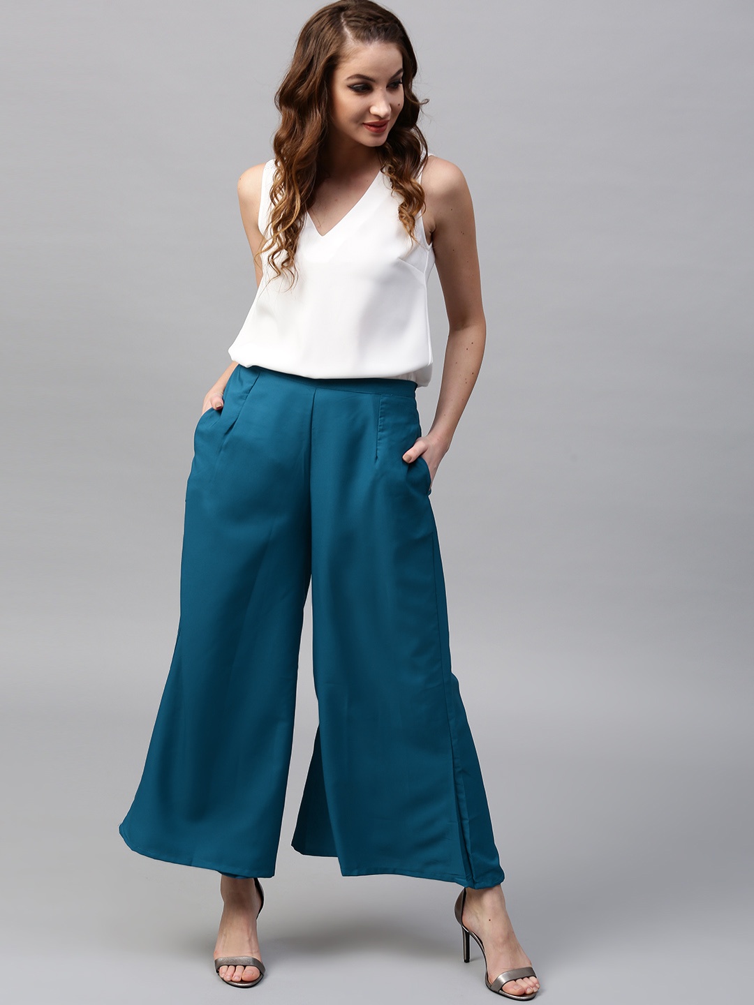 

Gerua By Libas Women Teal Blue Solid Wide Leg Palazzos