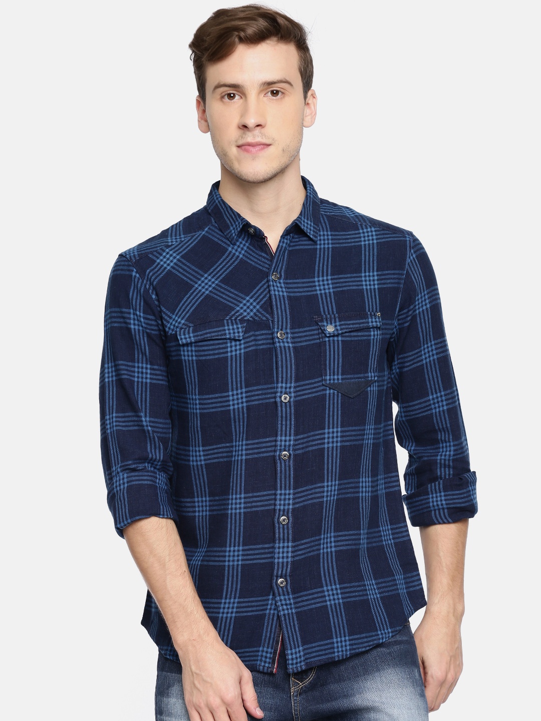 

SPYKAR Men Navy Blue Checked Casual Shirt