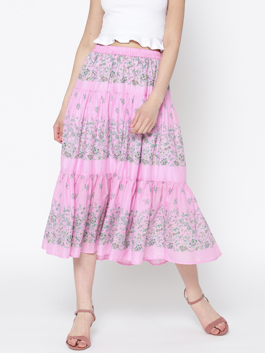 

Sera Pink Floral Print Tiered Flared Pure Cotton Skirt