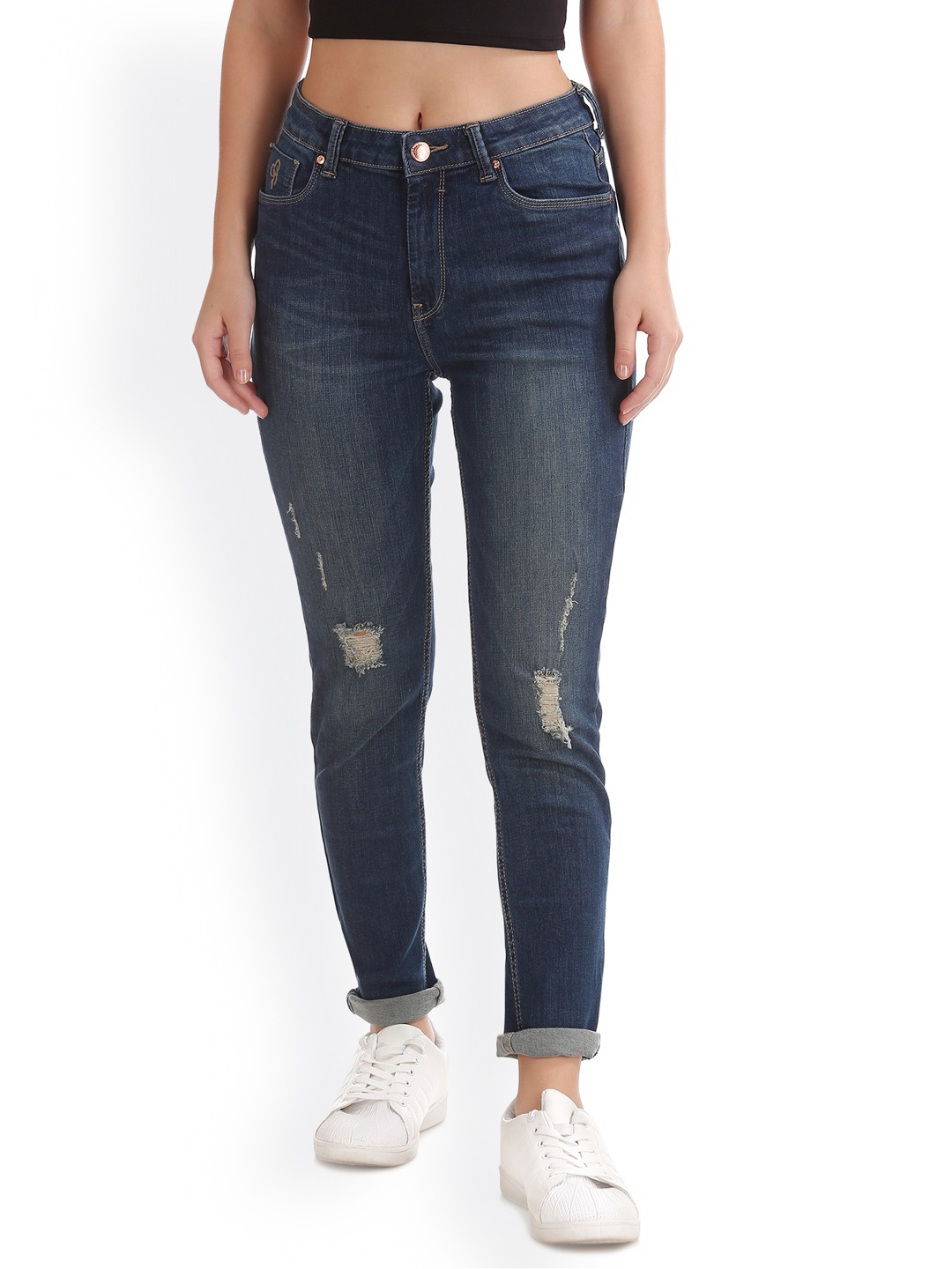 

Flying Machine Women Blue Skinny Fit High-Rise Low Distress Stretchable Jeans