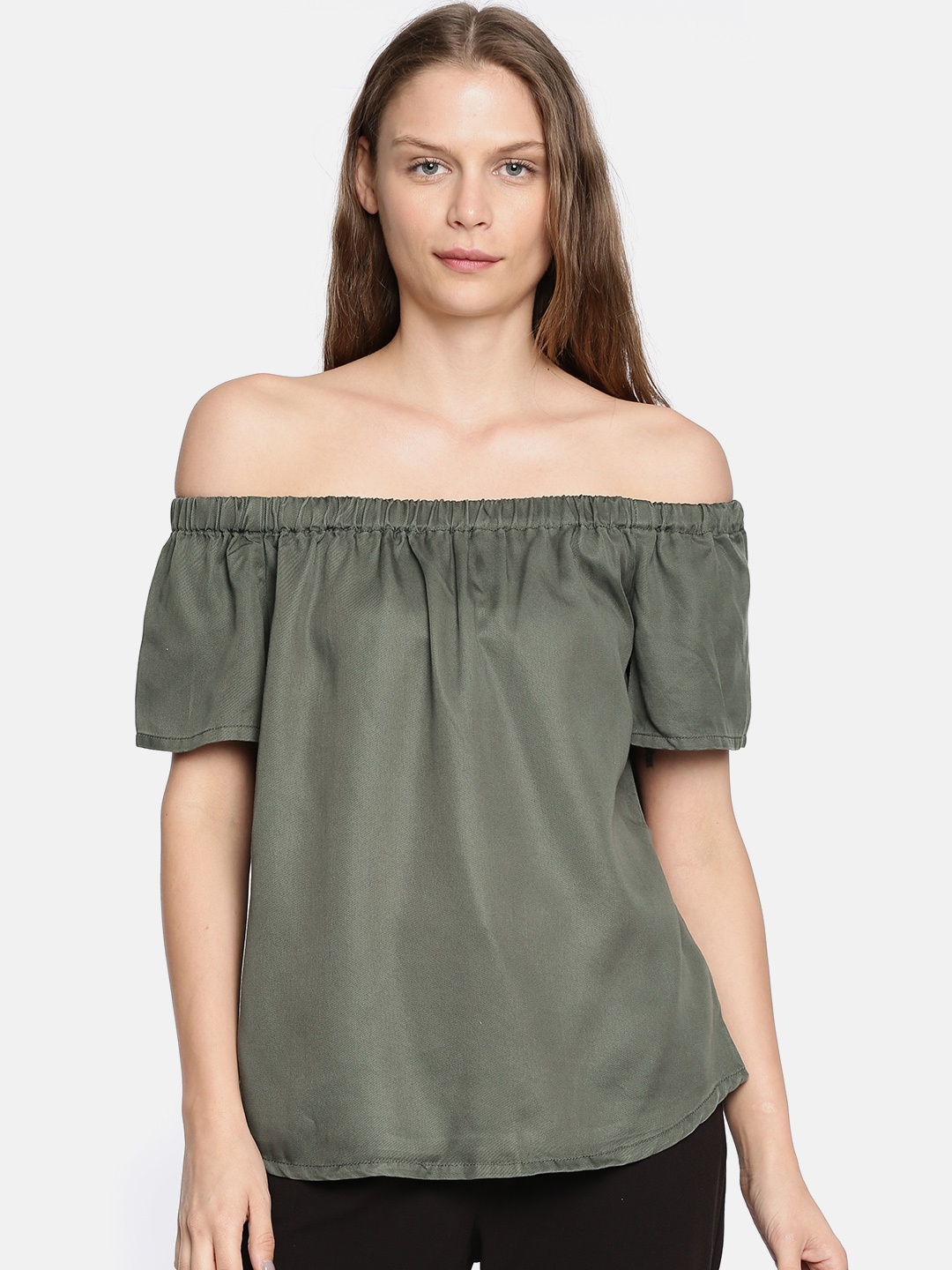 

ONLY Women Green Solid Bardot Top
