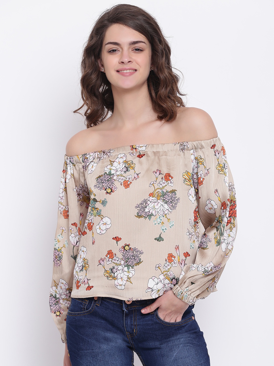 

ONLY Women Beige Printed Bardot Top