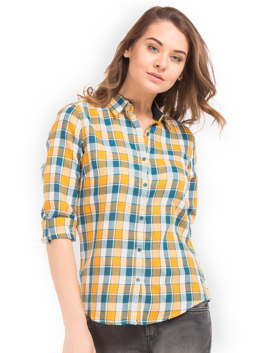 

Flying Machine Women Yellow Regular Fit Checked Casual Shirt