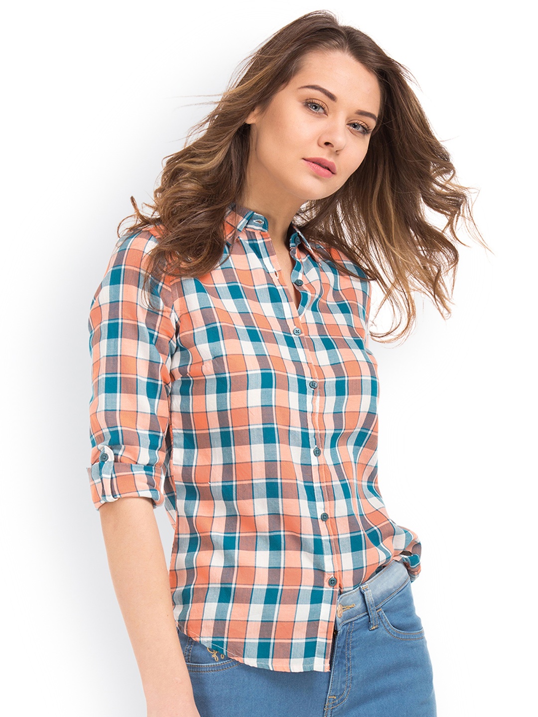 

Flying Machine Women Orange & Blue Regular Fit Checked Casual Shirt