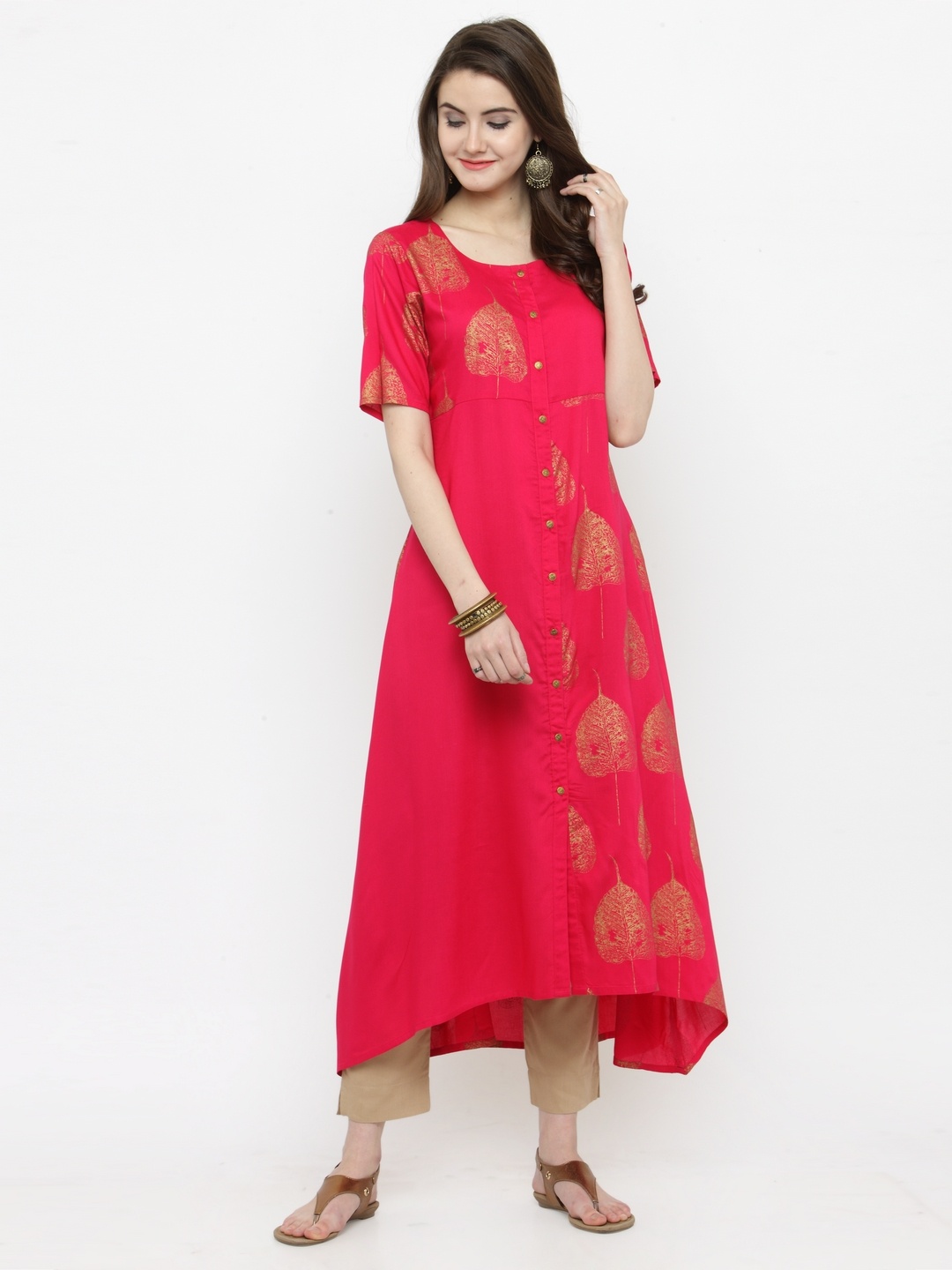 

Varanga Women Coral & Gold-Toned Printed A-Line Kurta