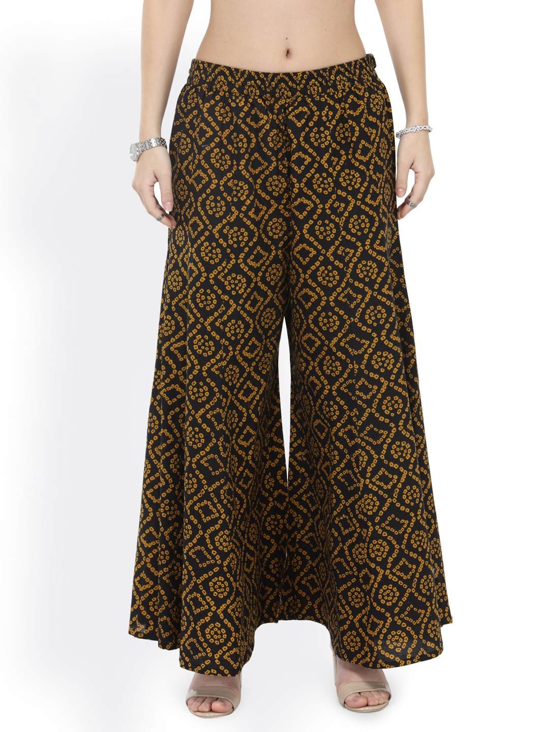 

Varanga Women Black & Mustard Yellow Printed Flared Palazzos