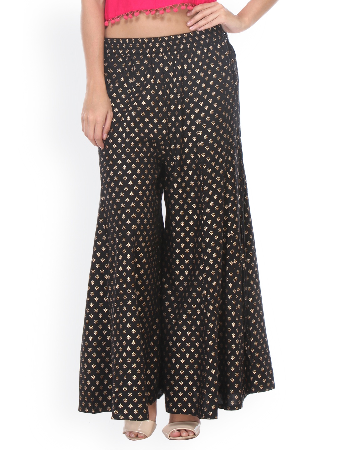 

Varanga Women Black Printed Flared Palazzos