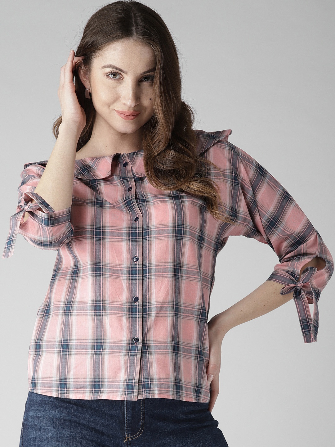 

Style Quotient Women Pink & Navy Checked Shirt Style Top