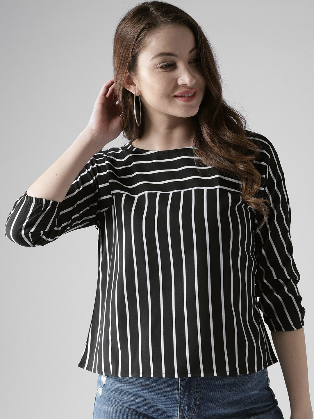 

Style Quotient by noi Women Black & White Striped Boxy Top