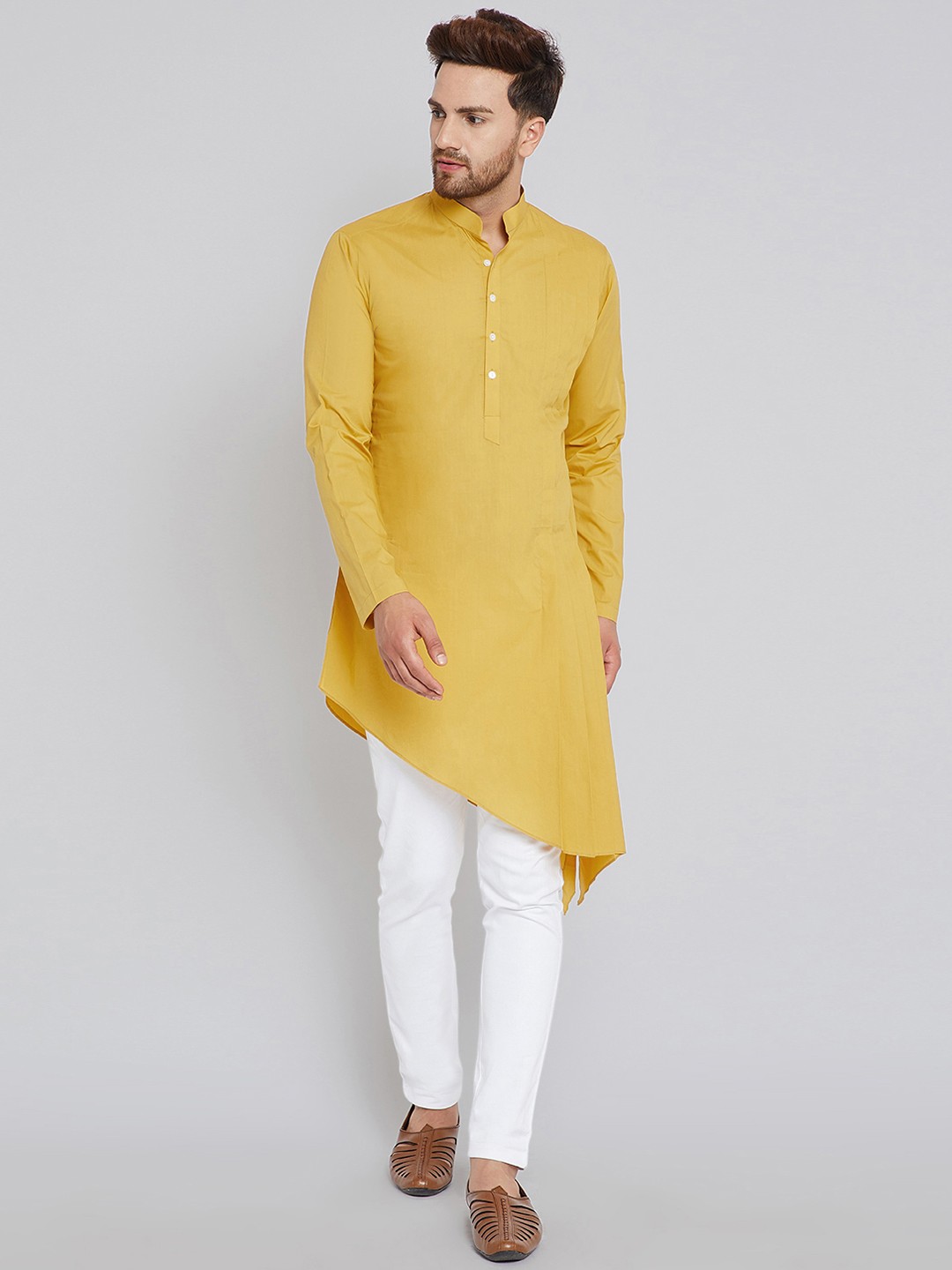 

See Designs Men Mustard Solid Kurta with Churidar