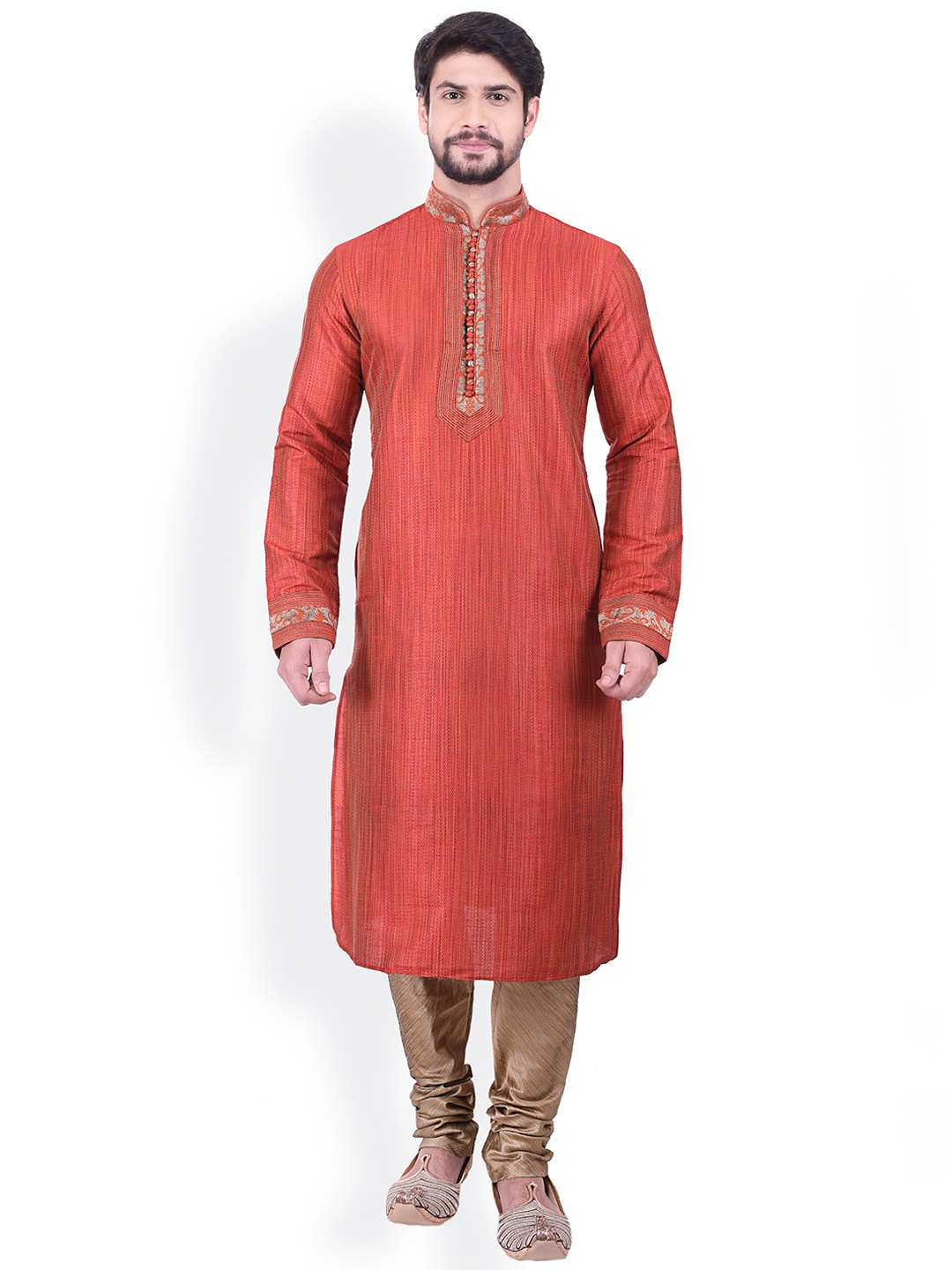 

Manyavar Men Red Self Design Kurta with Churidar