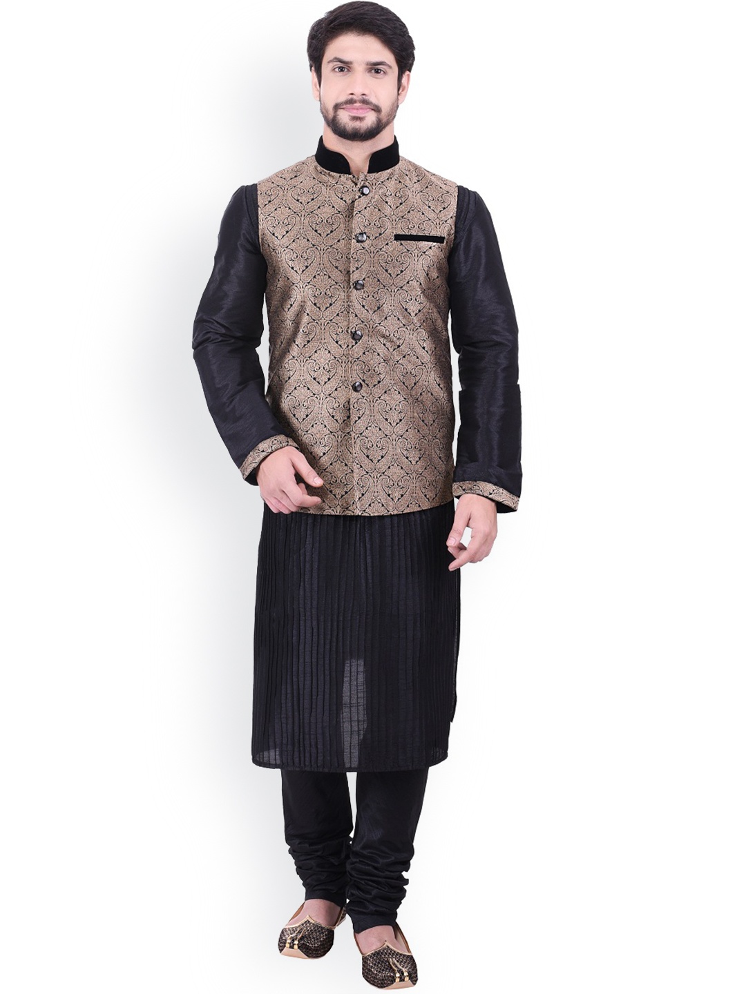 

Manyavar Men Black Self Design Kurta & Churidar with Copper-Toned Nehru Jacket