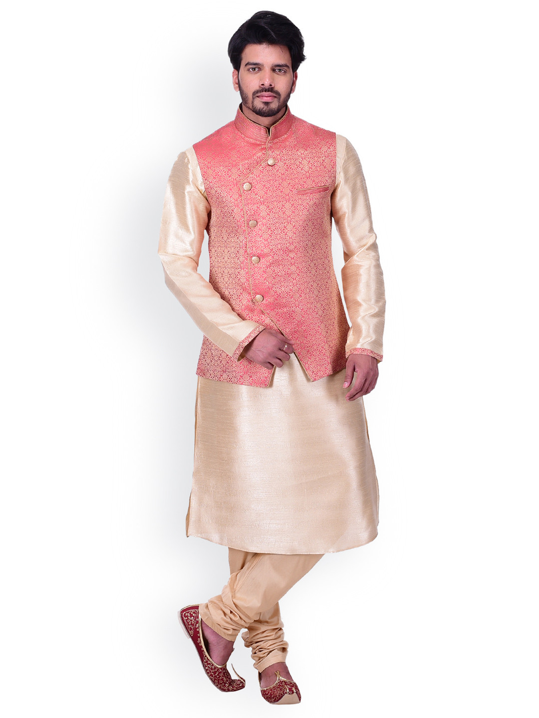 

Manyavar Men Beige Self Design Kurta & Churidar with Pink Nehru Jacket